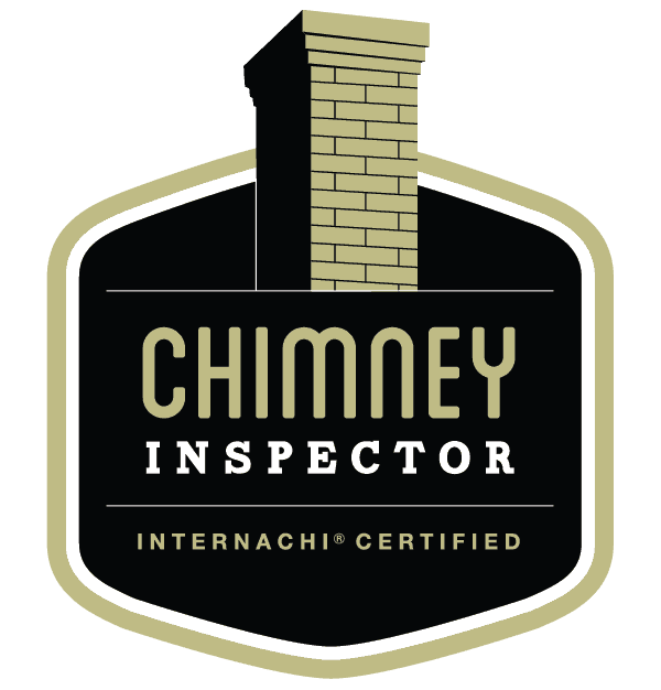 Chimney inspector badge logo featuring a brick chimney on a black and beige background, emphasizing certified chimney inspections and home safety services.